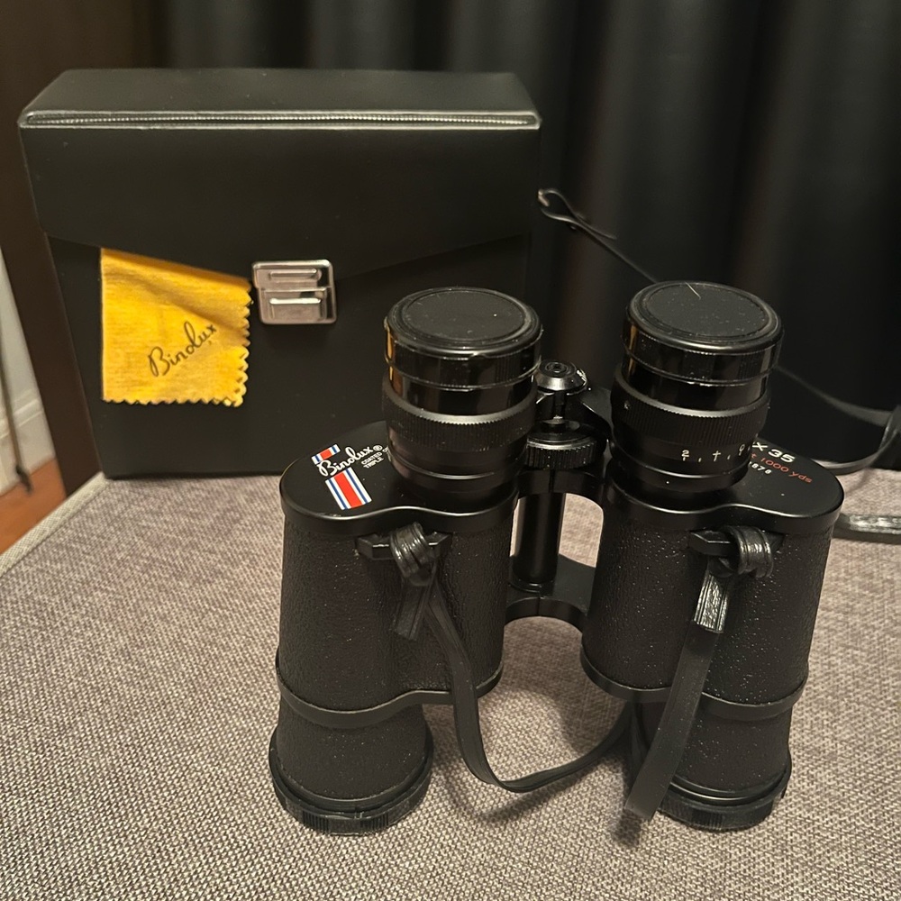 Vtg Binolux 7x35 Binoculars with Leather Case, Covers, Strap, Cleaning Cloth